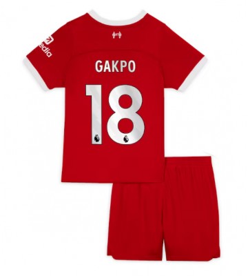 Lacne Dětský Futbalové dres Liverpool Cody Gakpo #18 2023-24 Krátky Rukáv - Domáci (+ trenírky)